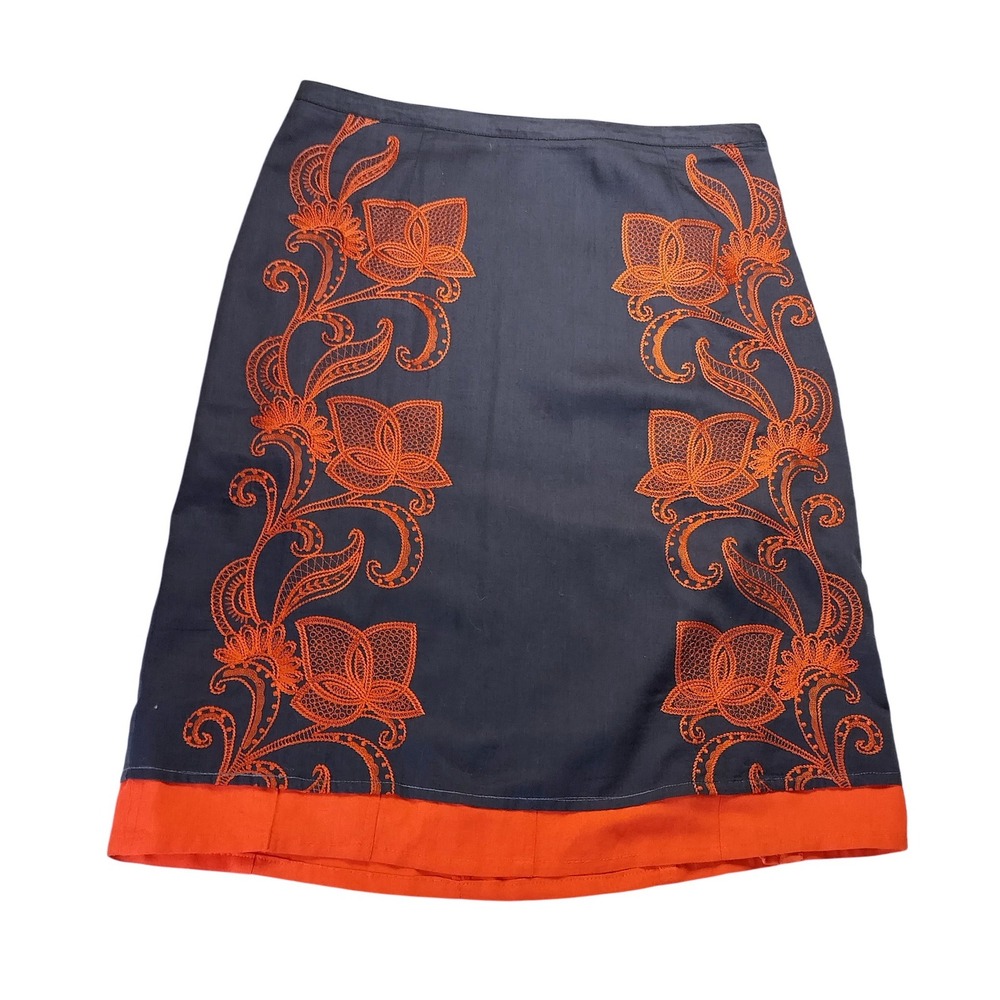 Monsoon Cotton Embroidered Floral Knee Length Skirt Size 8 Grey Orange Summer